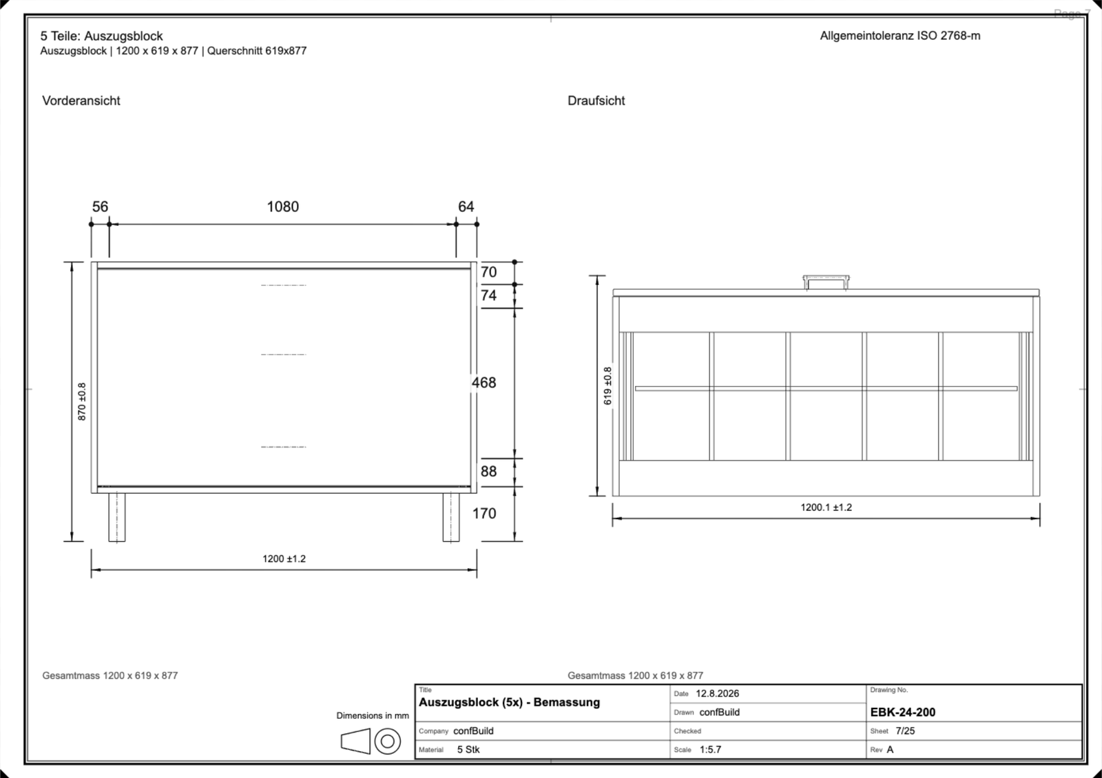 Bemaßtes Blatt des Auszugsblocks mit Vorderansicht und Draufsicht