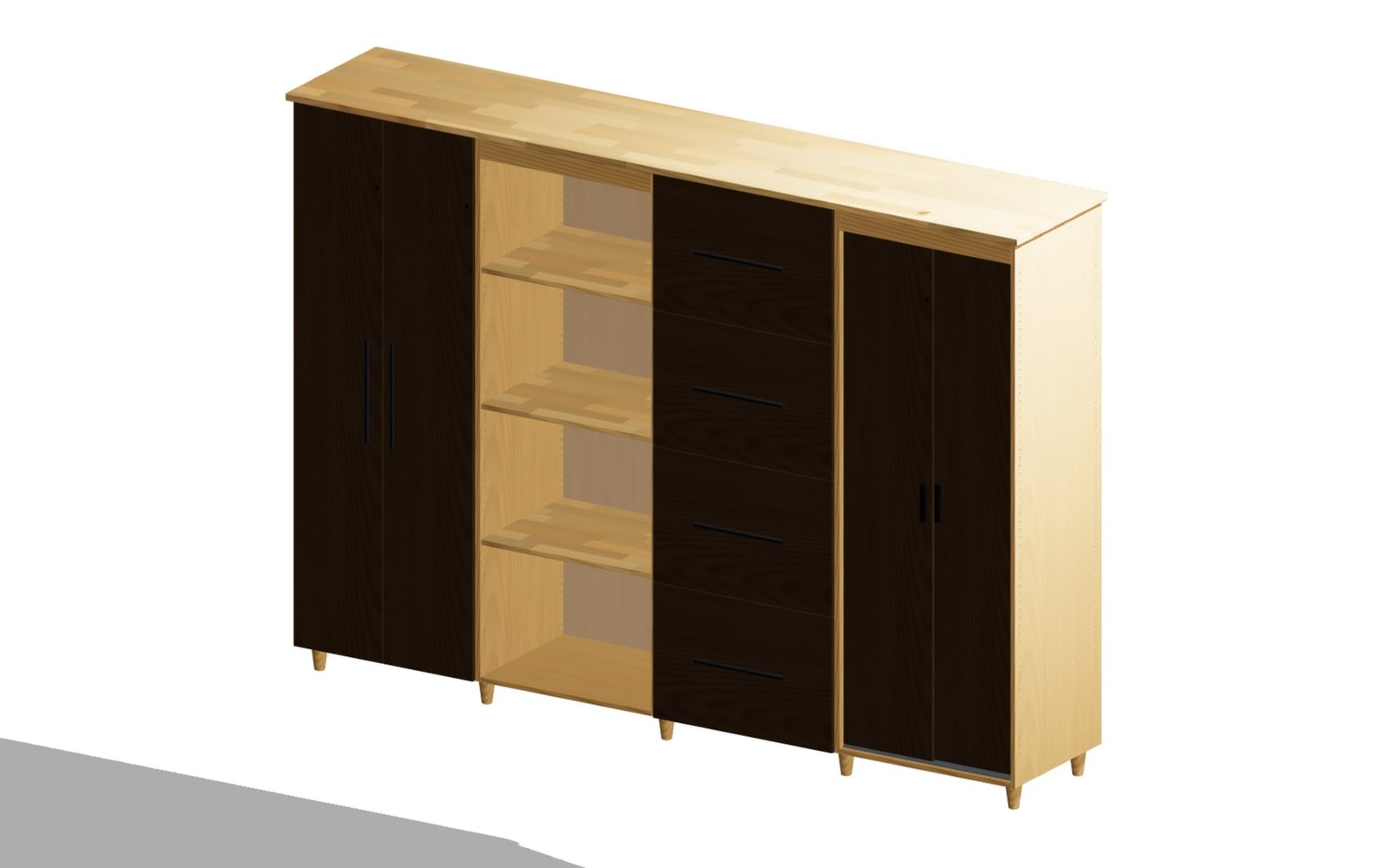 Massivholz-Kleiderschrank mit vier Modulen und unterschiedlichen Fronten