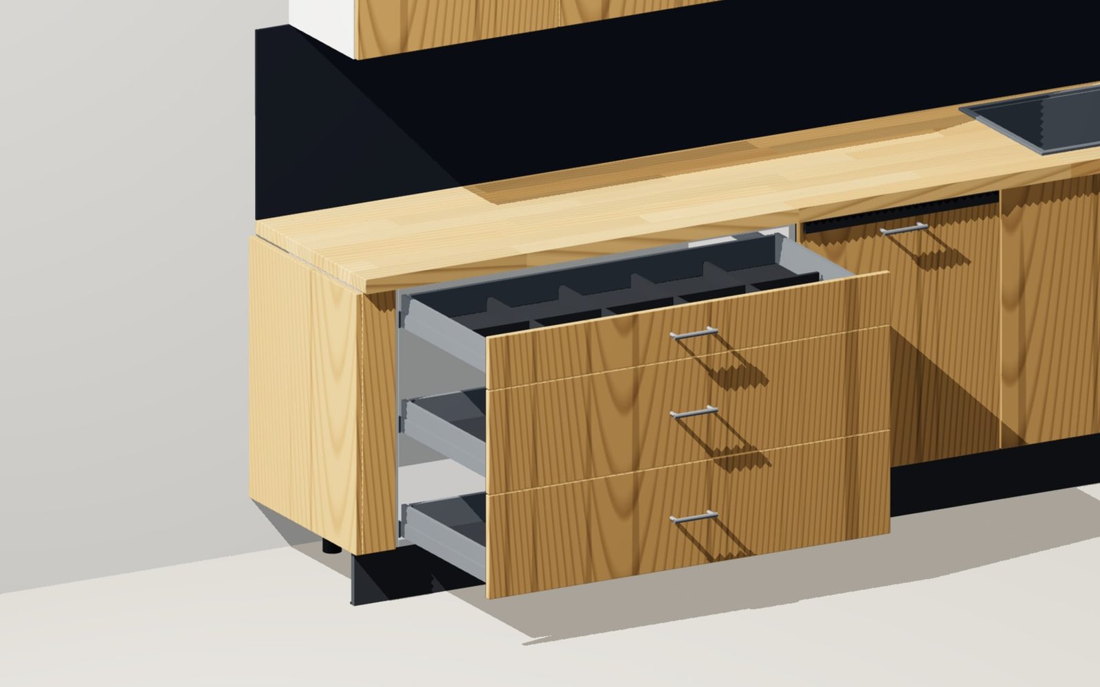 Auszugsblock 500 mm ausgefahren mit Zargen und Führungen