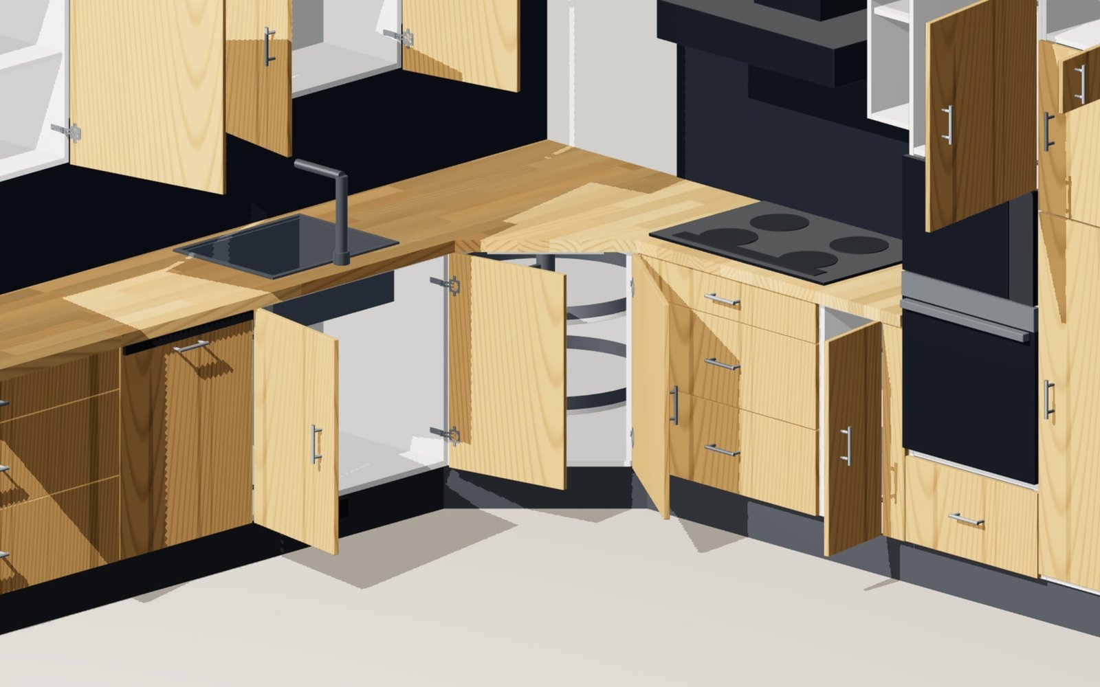 Diagonaler Eckschrank mit Karussell und geöffneter Tür