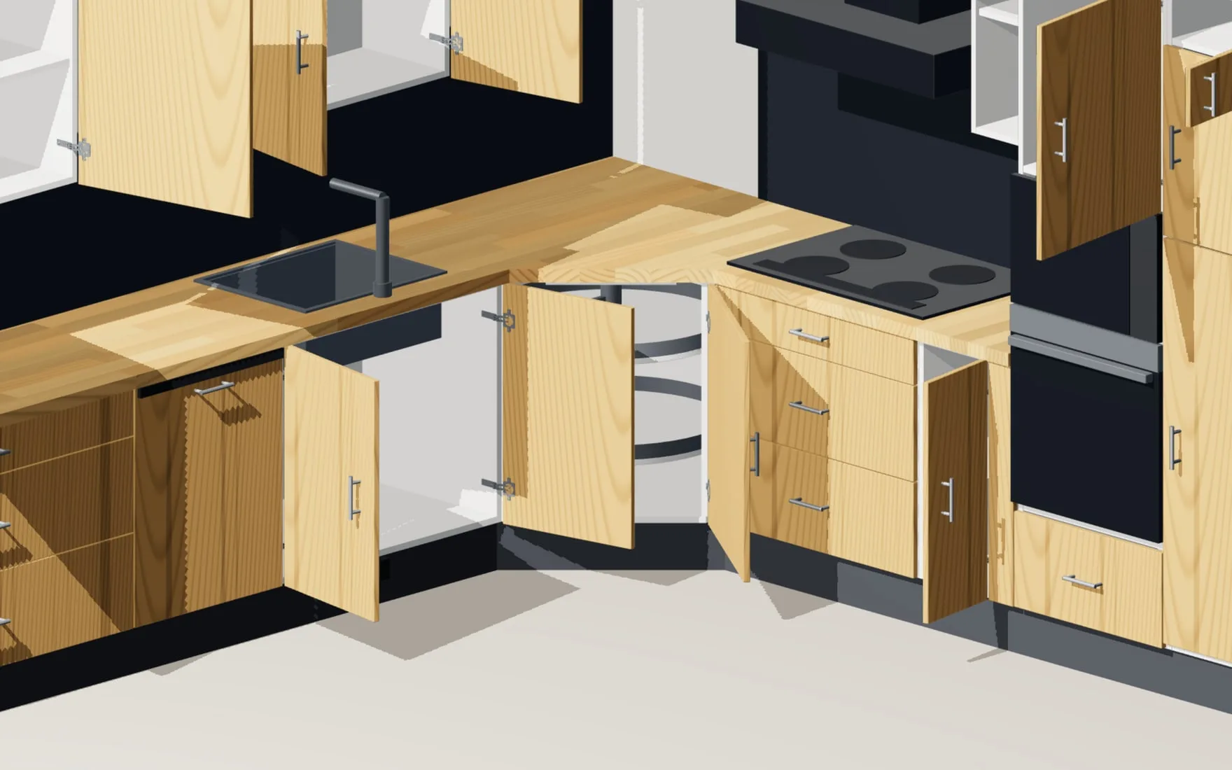 Diagonaler Eckschrank mit Karussell und geöffneter Tür